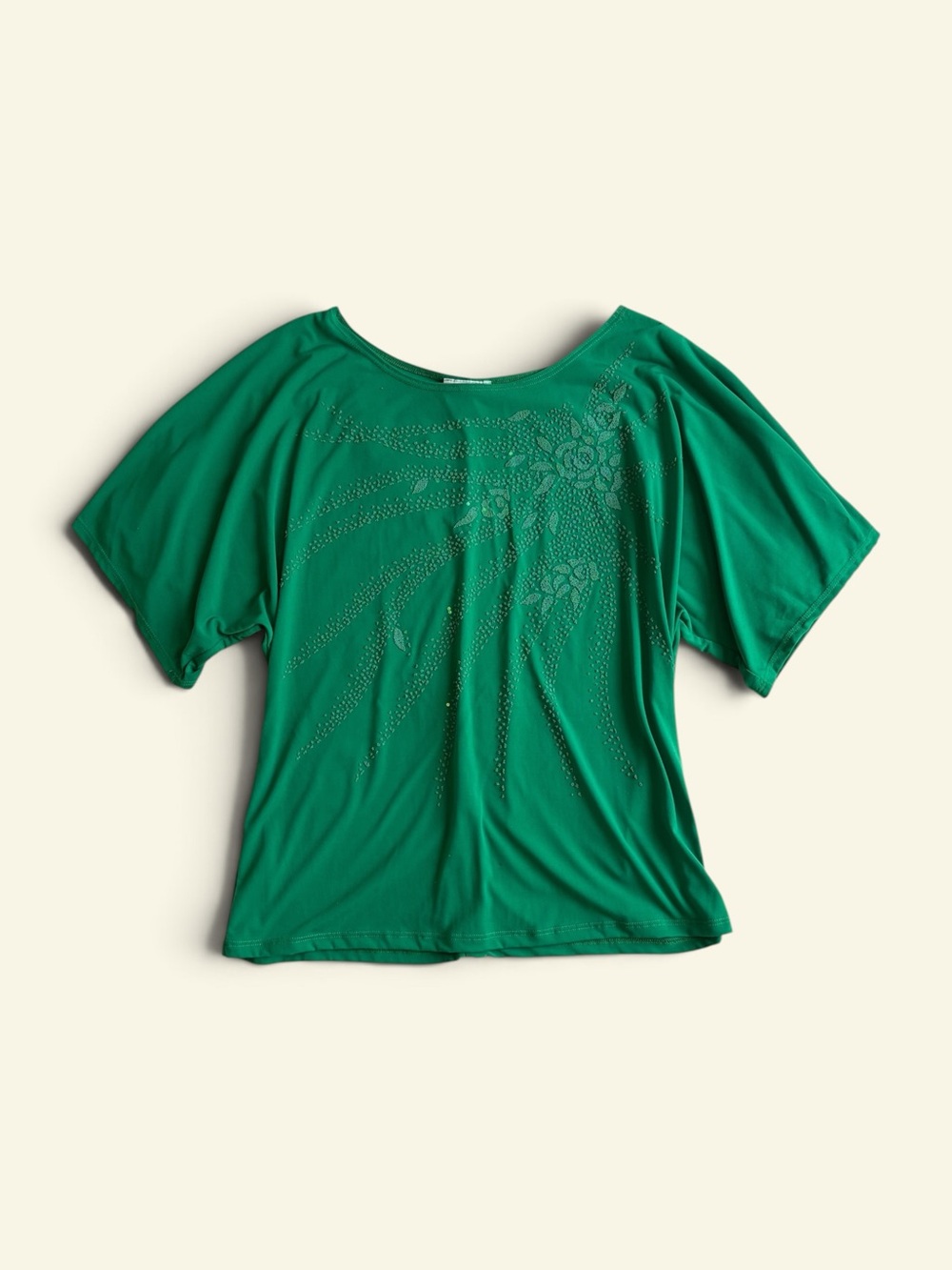 Vintage Y2K Bleeker McDougal Embellished Top XL Green Rhinestone Batwing Bling